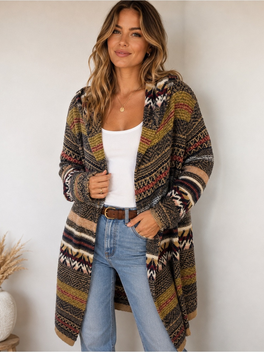 Ruff Hewn Cozy Multi-Stripe Open-Front Cardigan Sweater Brown/Olive long boho L